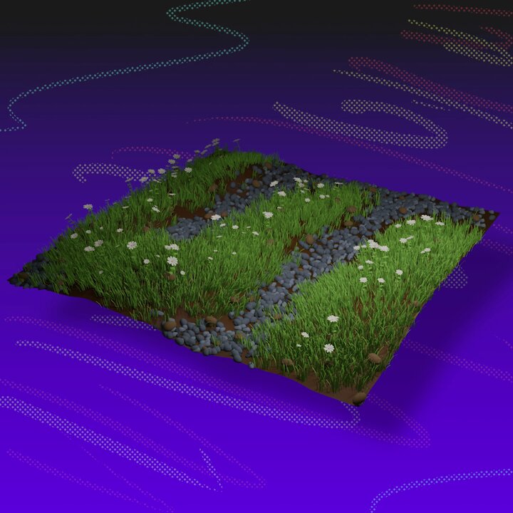 Procedural Blender meadow with grass, flowers, pebbles, dirt, and trail