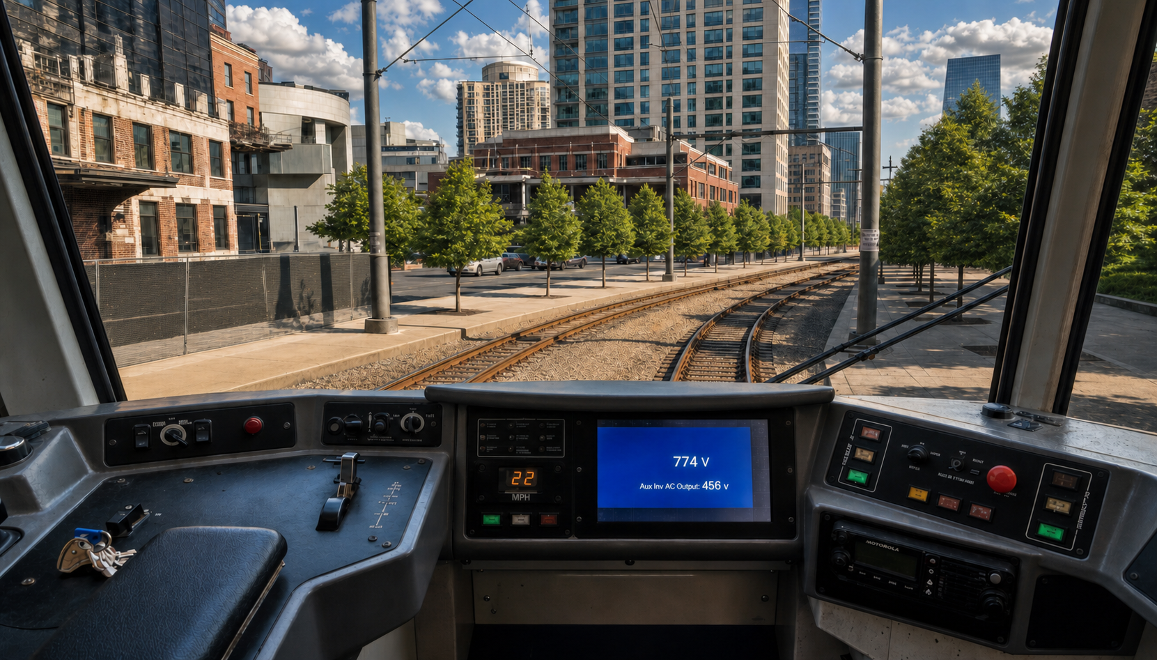 Clean daylight light-rail cab rendering