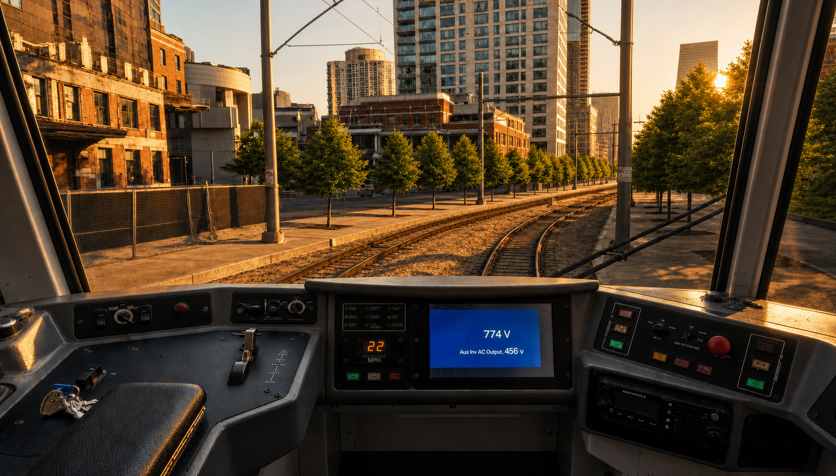 Clean golden-hour light-rail cab rendering